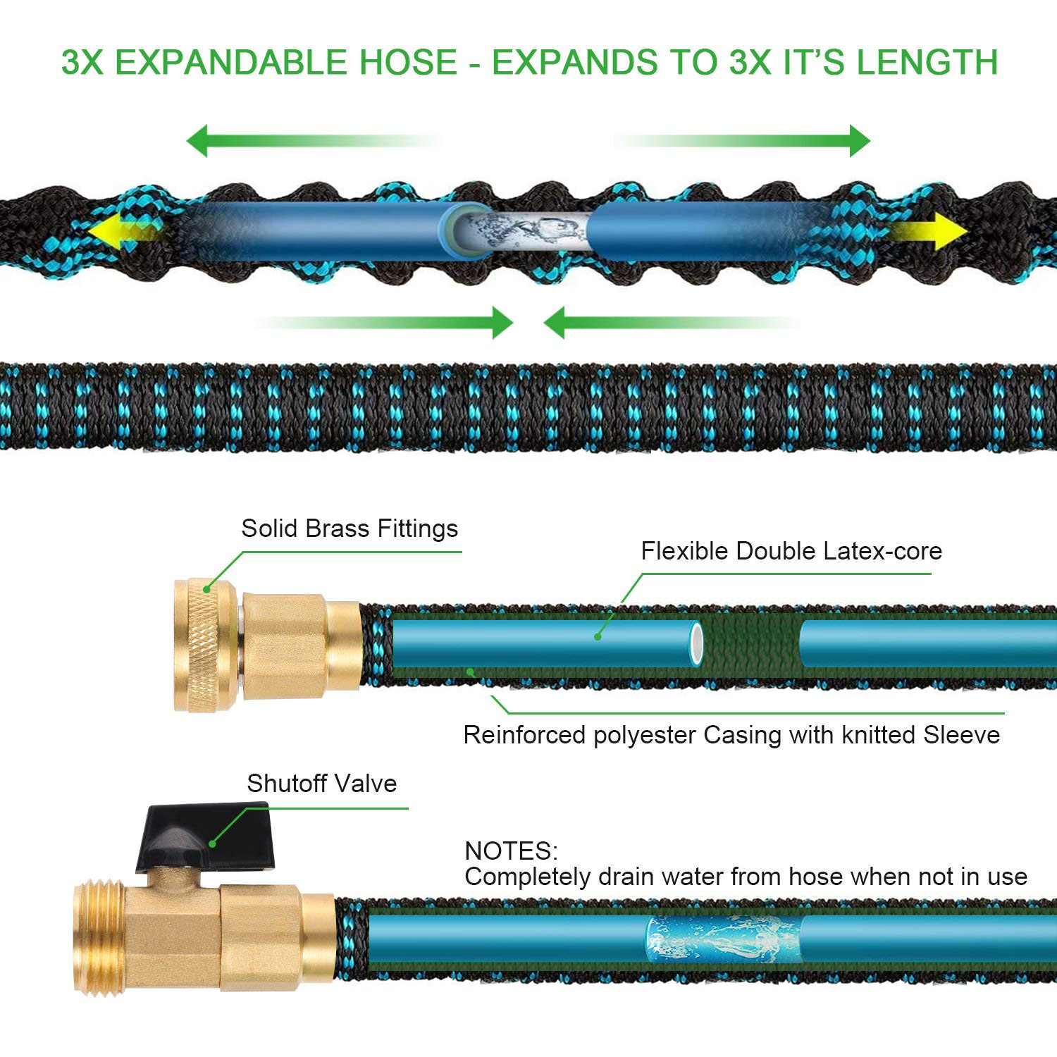 50ft Expandable Garden Hose With 10 Function Nozzle, Lightweight Retractable Water Hose With Solid Brass Fittings